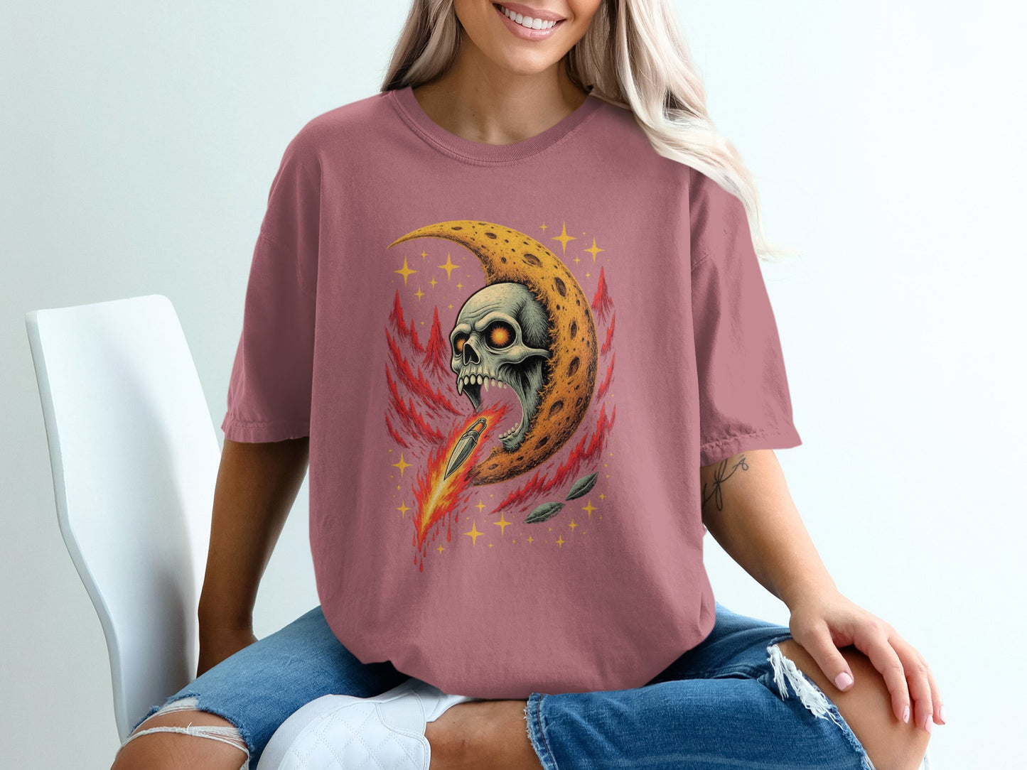 Fiery Skull and Moon Design Graphic Tee product