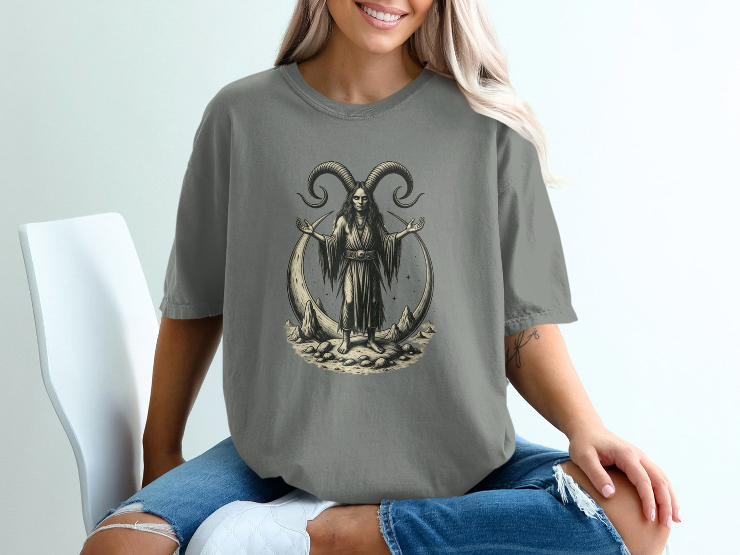 Mysterious Goat Horned Figure Graphic Print T-shirt product type