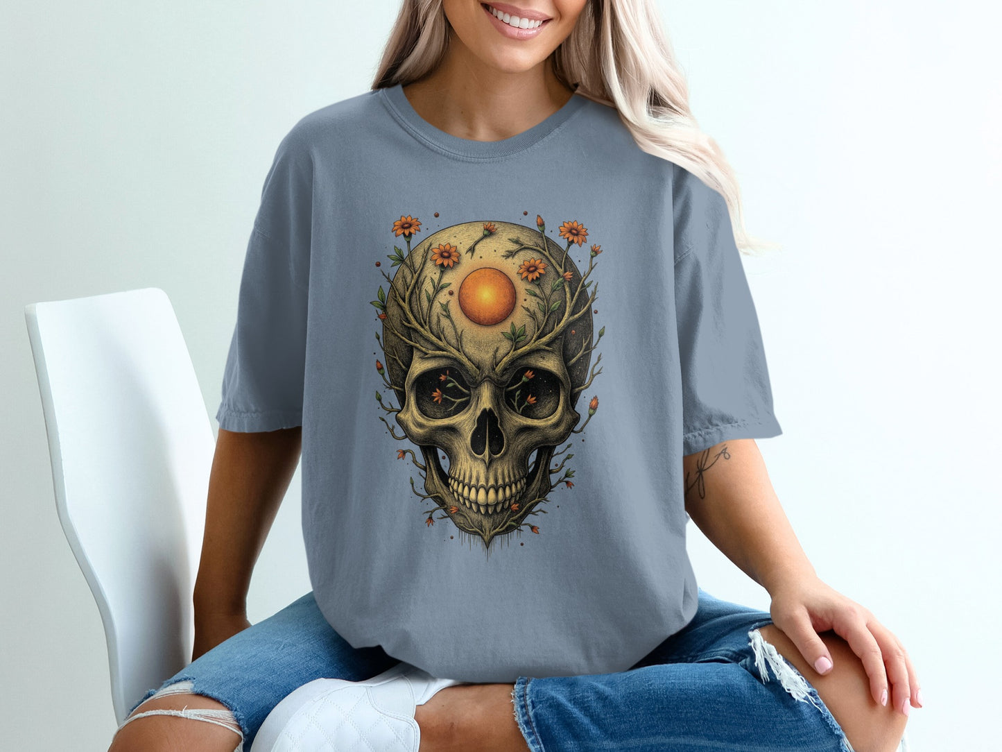 Stylish Skull and Flowers Graphic Tee product type
