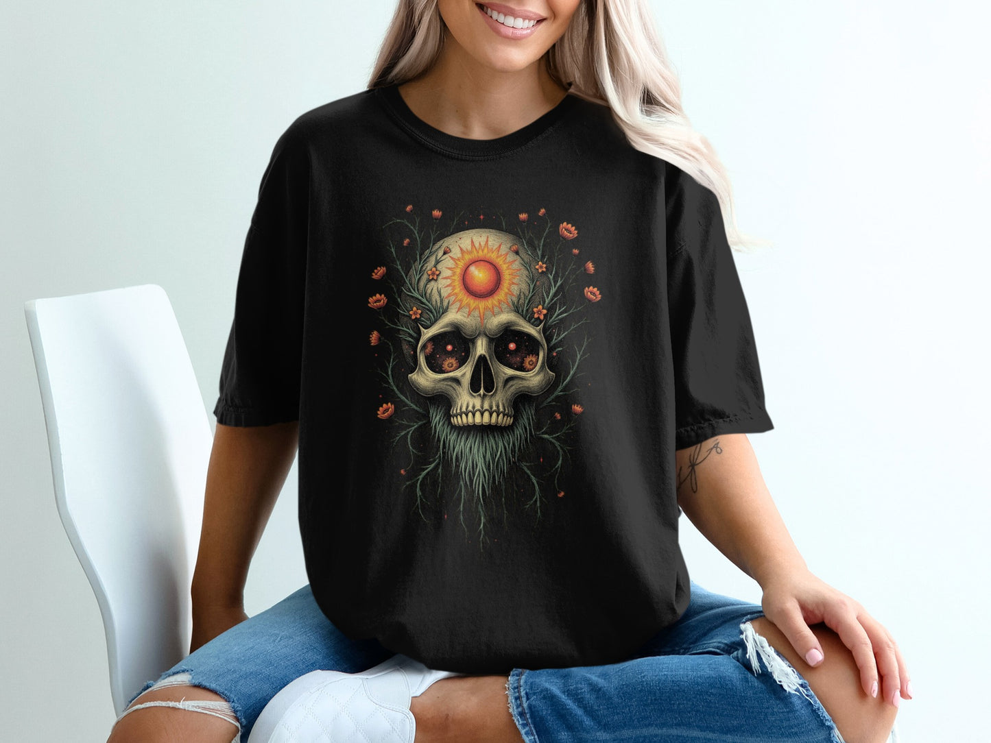 Floral Sun Skull Design Graphic Tee product