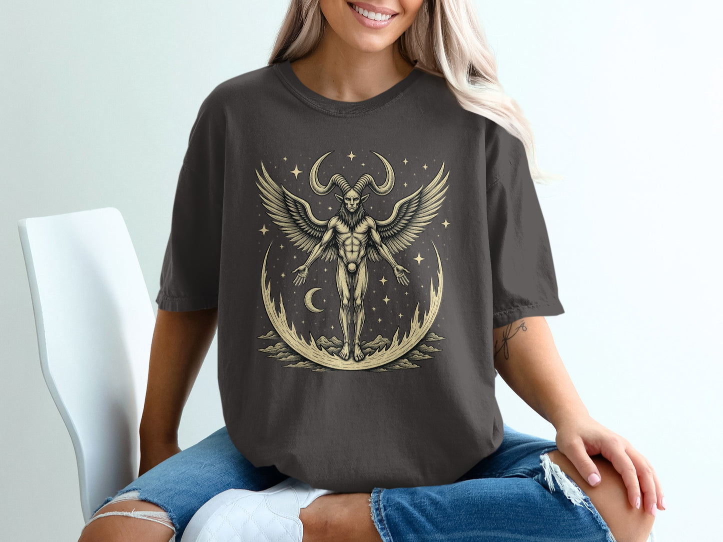 Mystical Winged Figure Printed Casual T-Shirt product type