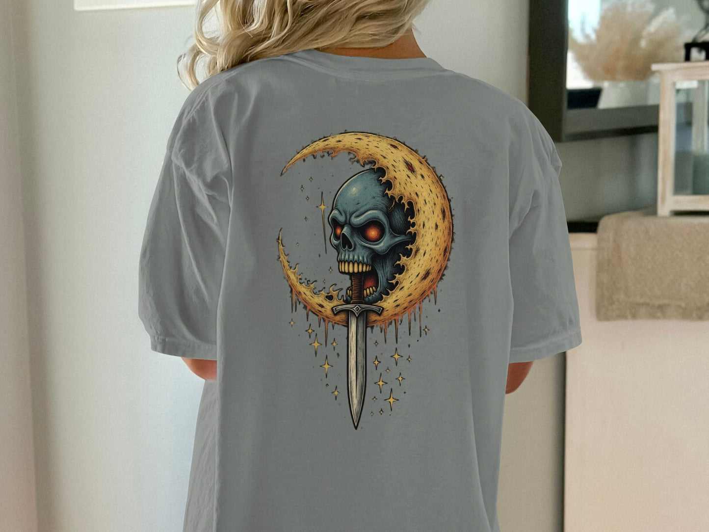 Skull and Moon Graphic on Light Grey T-shirt product