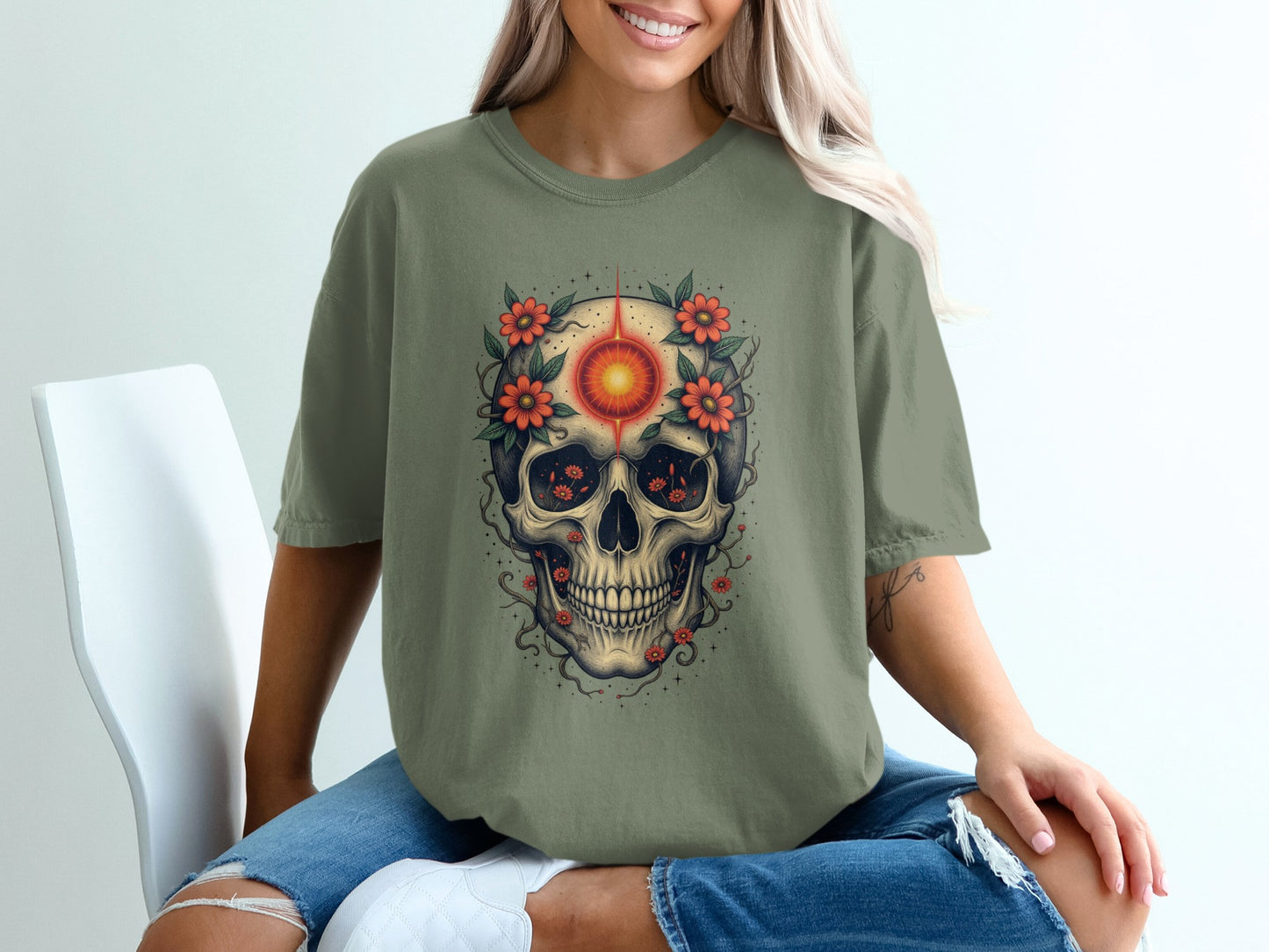 Floral Skull Graphic Tee Perfect Casual Wear product