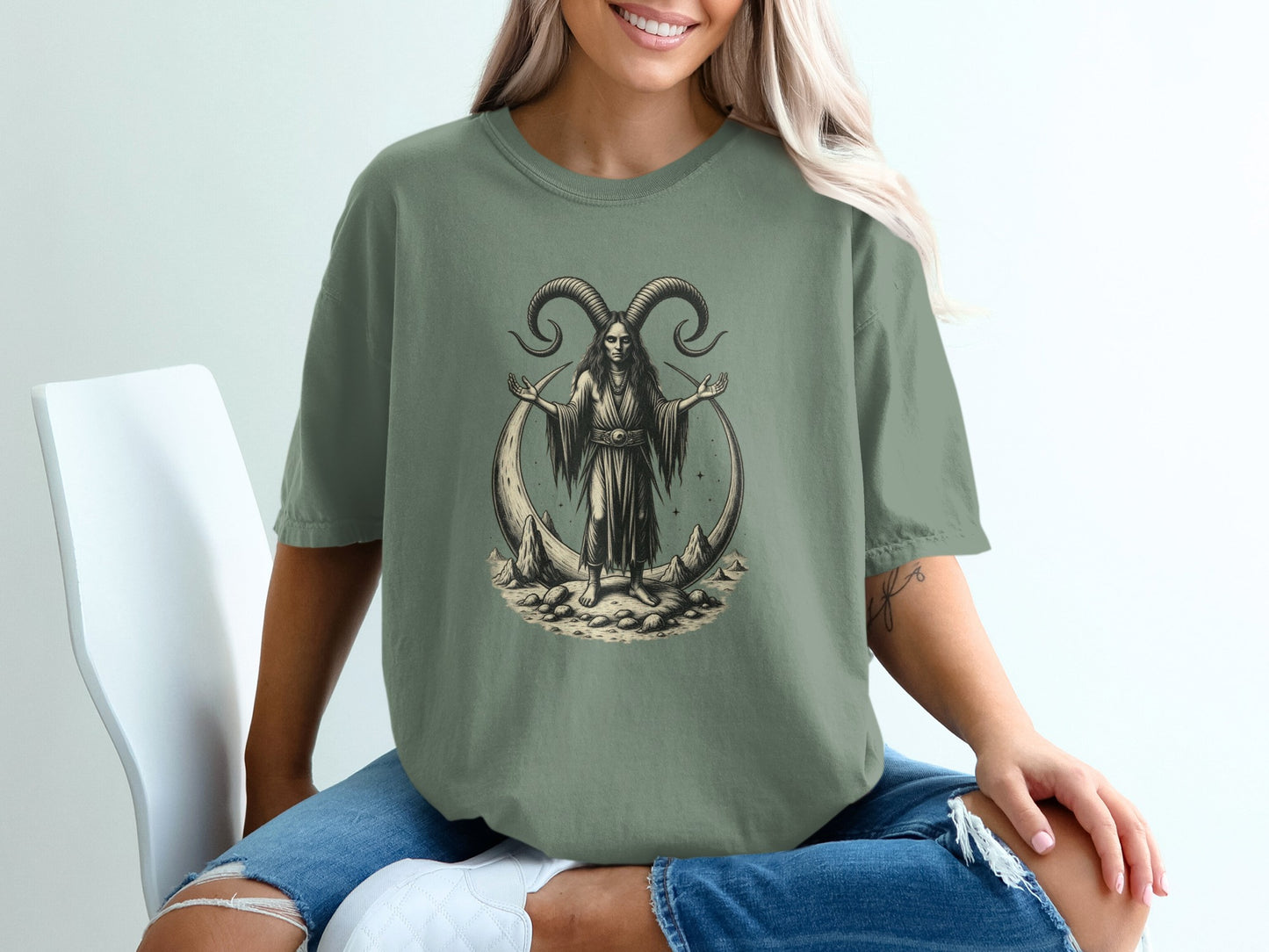 Artistic Gothic Goat Horned T shirt with Mysterious Design product type