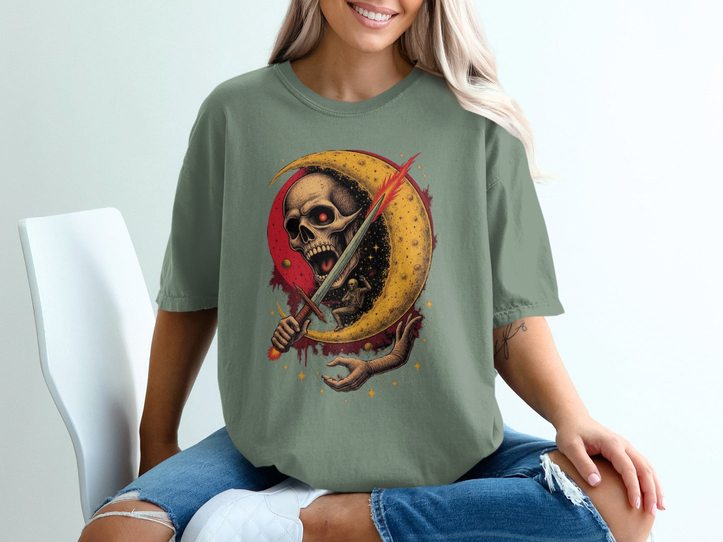 Skull with Crescent Moon Graphic T-Shirt product