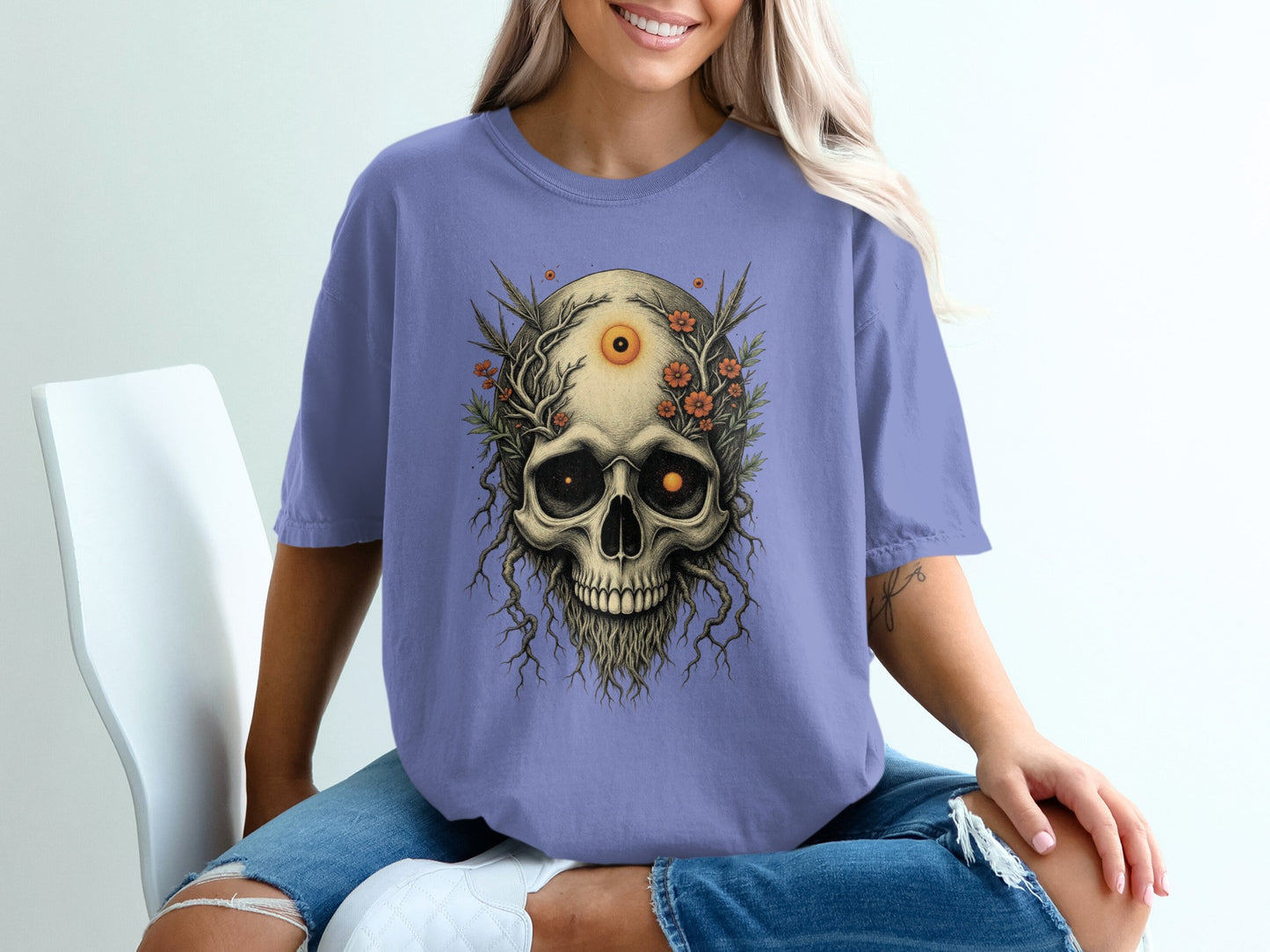 Floral Skull Graphic Design T-shirt Casual Wear product