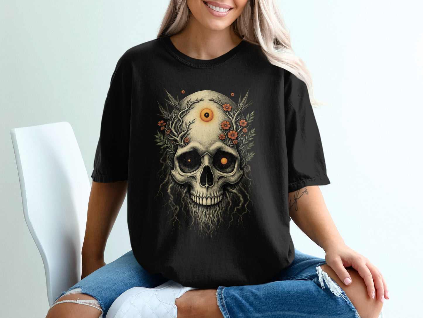 Vintage Skull with Flower Print Oversized T-Shirt product