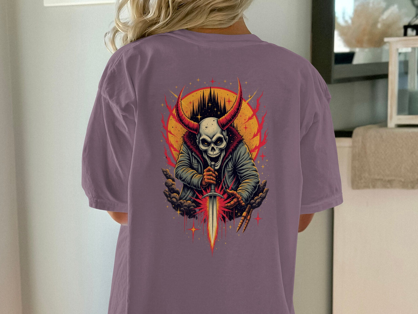 Enigmatic Skull with Fiery Blade Graphic TShirt Product