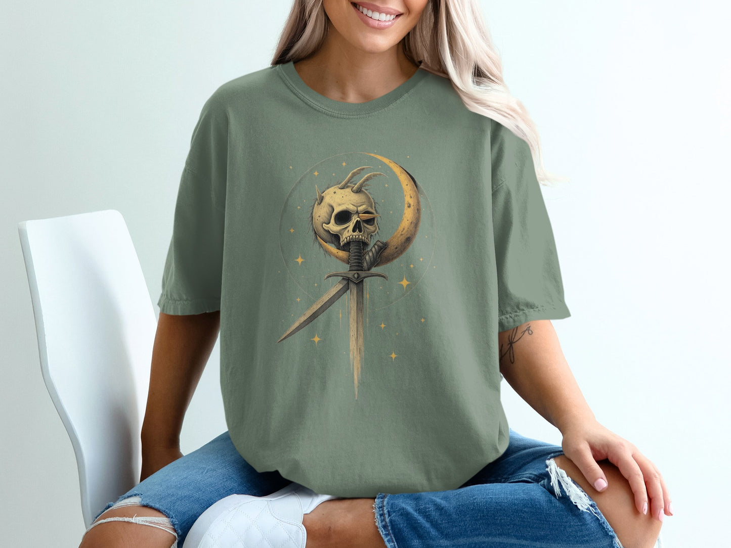 Mystical Skull and Crescent Moon Graphic Shirt product type