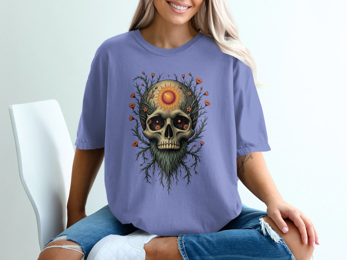 Skull with Sunflower Eyes Graphic Tee product