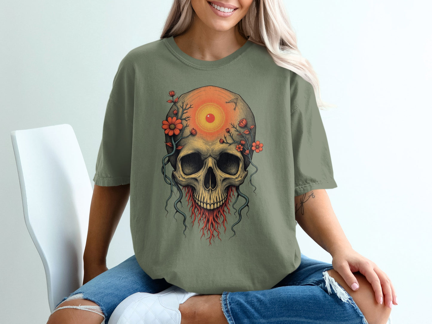 Skull with Blossoms Design on Green T-Shirt product type