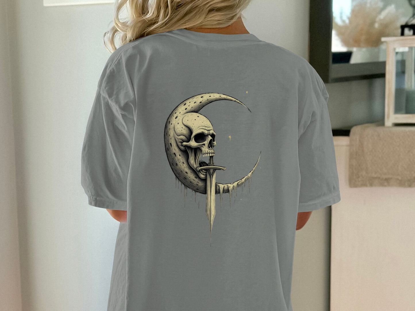Skull and Crescent Moon Graphic on Grey Shirt product type