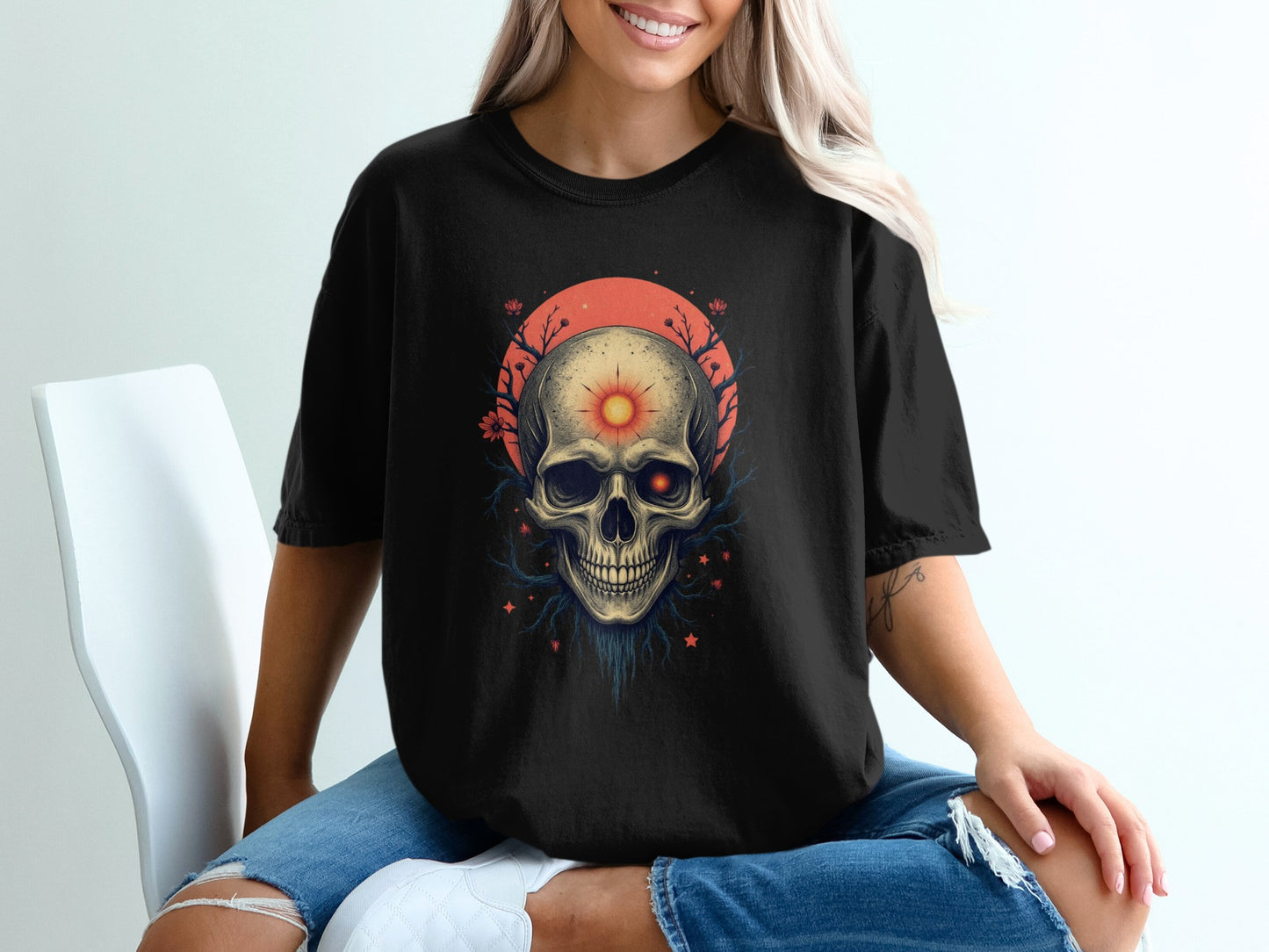 Skull with Sunset and Flowers Design Shirt Product