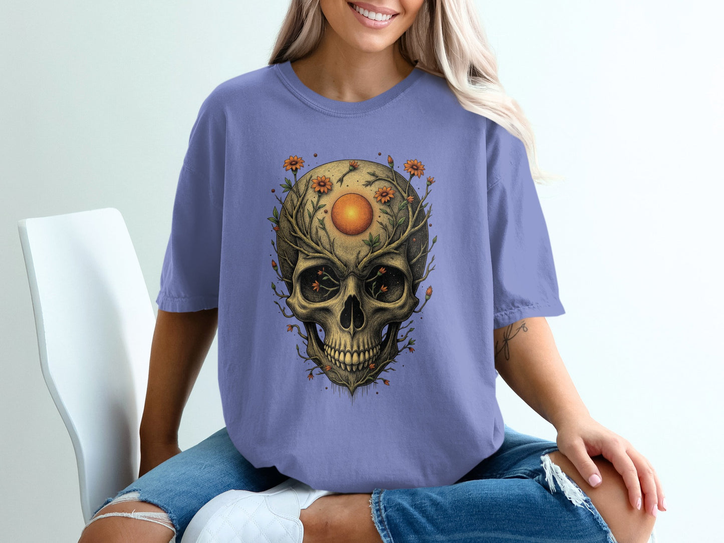 Violet T-Shirt with Graphic Skull and Flower product type