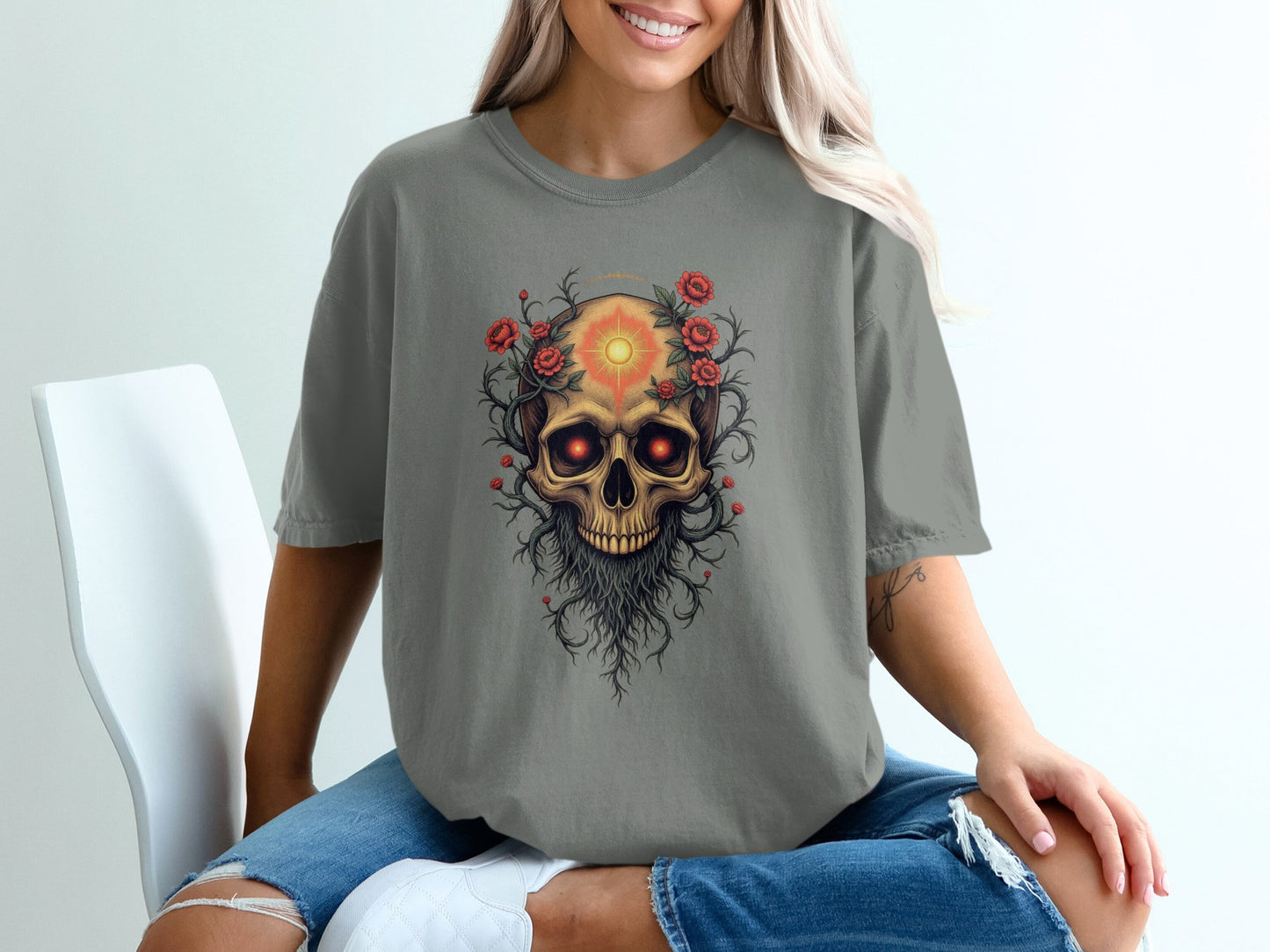 Radiant Skull with Red Roses Artistic Graphic T-shirt product