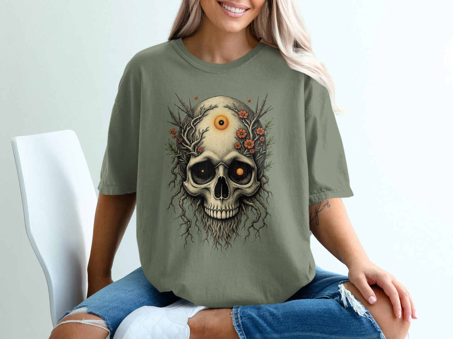 Skull with Flowers and Sun Unisex Casual T-Shirt product type