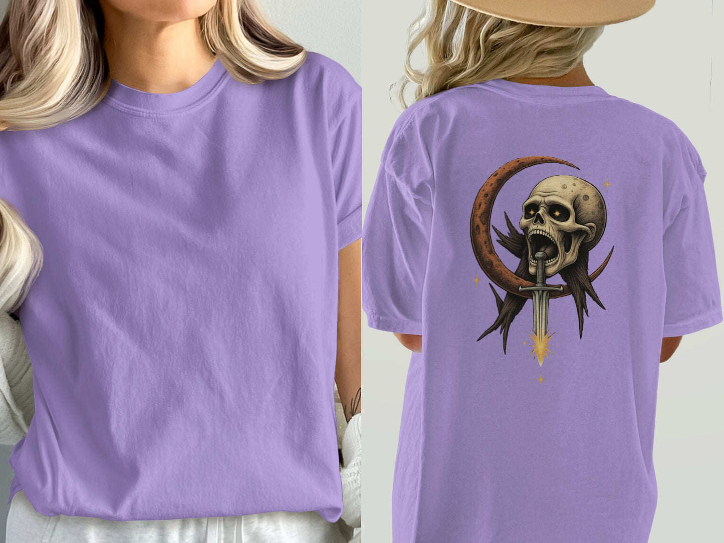 Purple T-Shirt with Moon and Skull Graphic T-Shirt