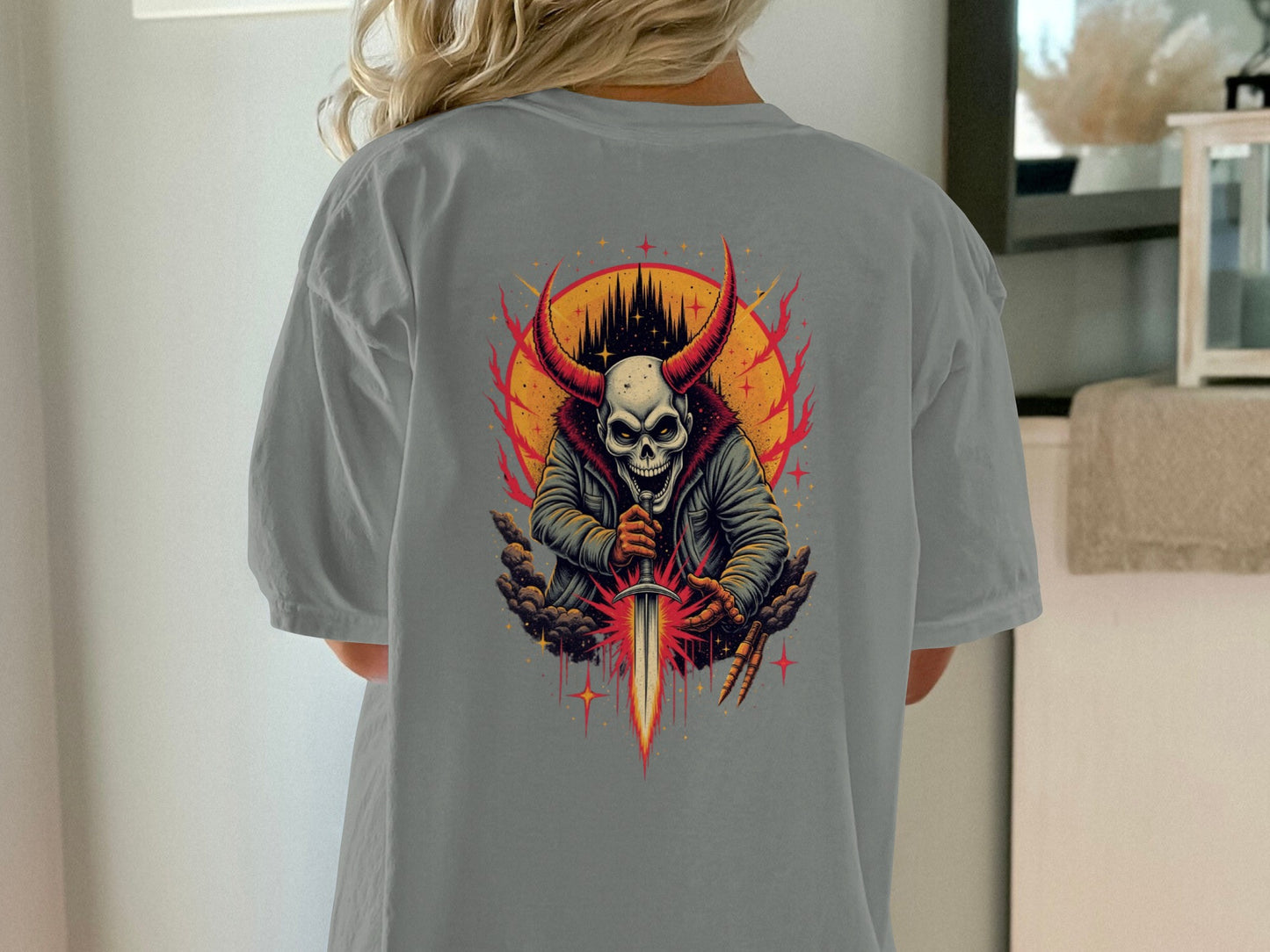 Mysterious Skull with Fiery Horns on Back Shirt product