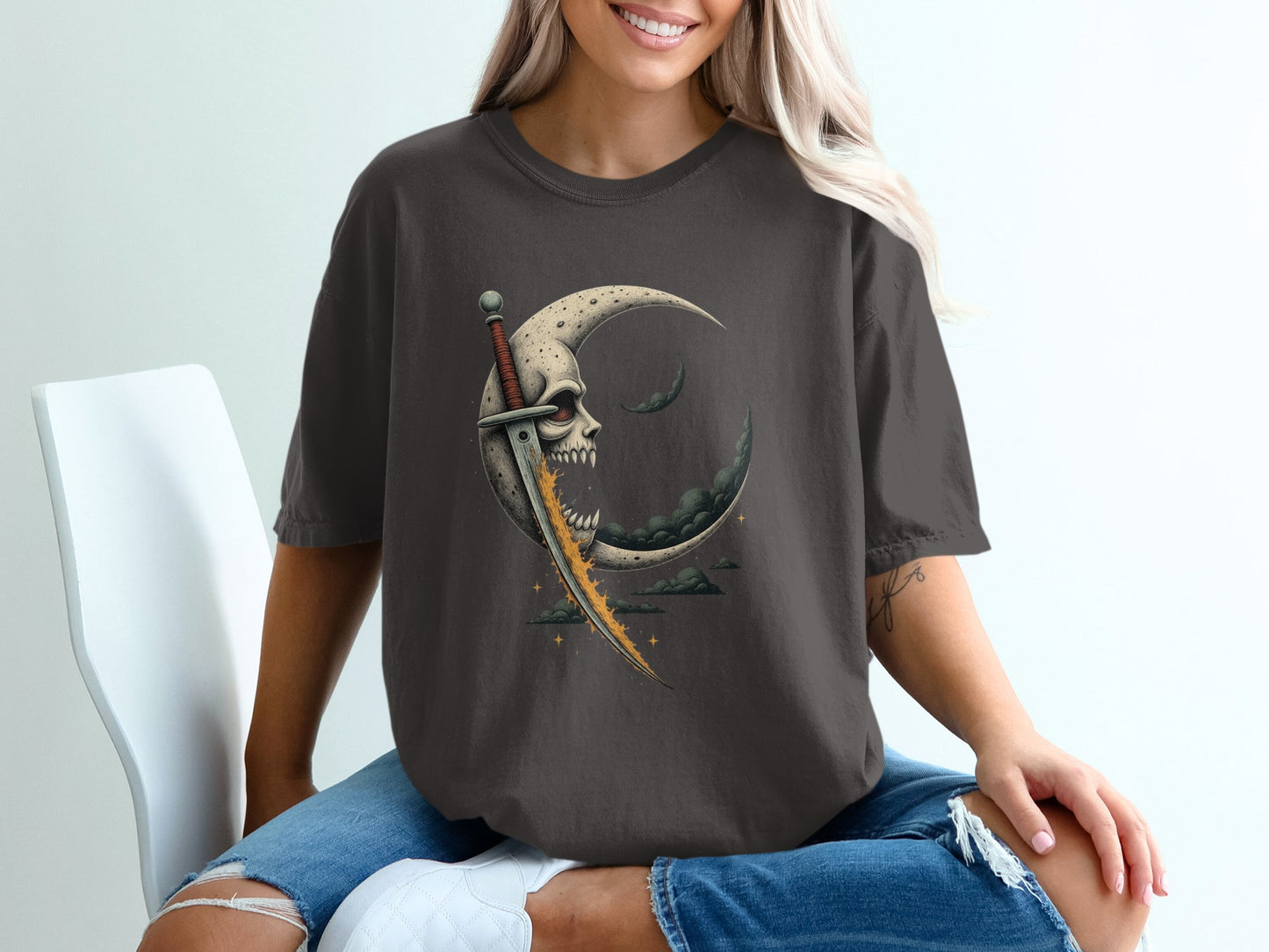 Skull Crescent Moon Sword Graphic Shirt product