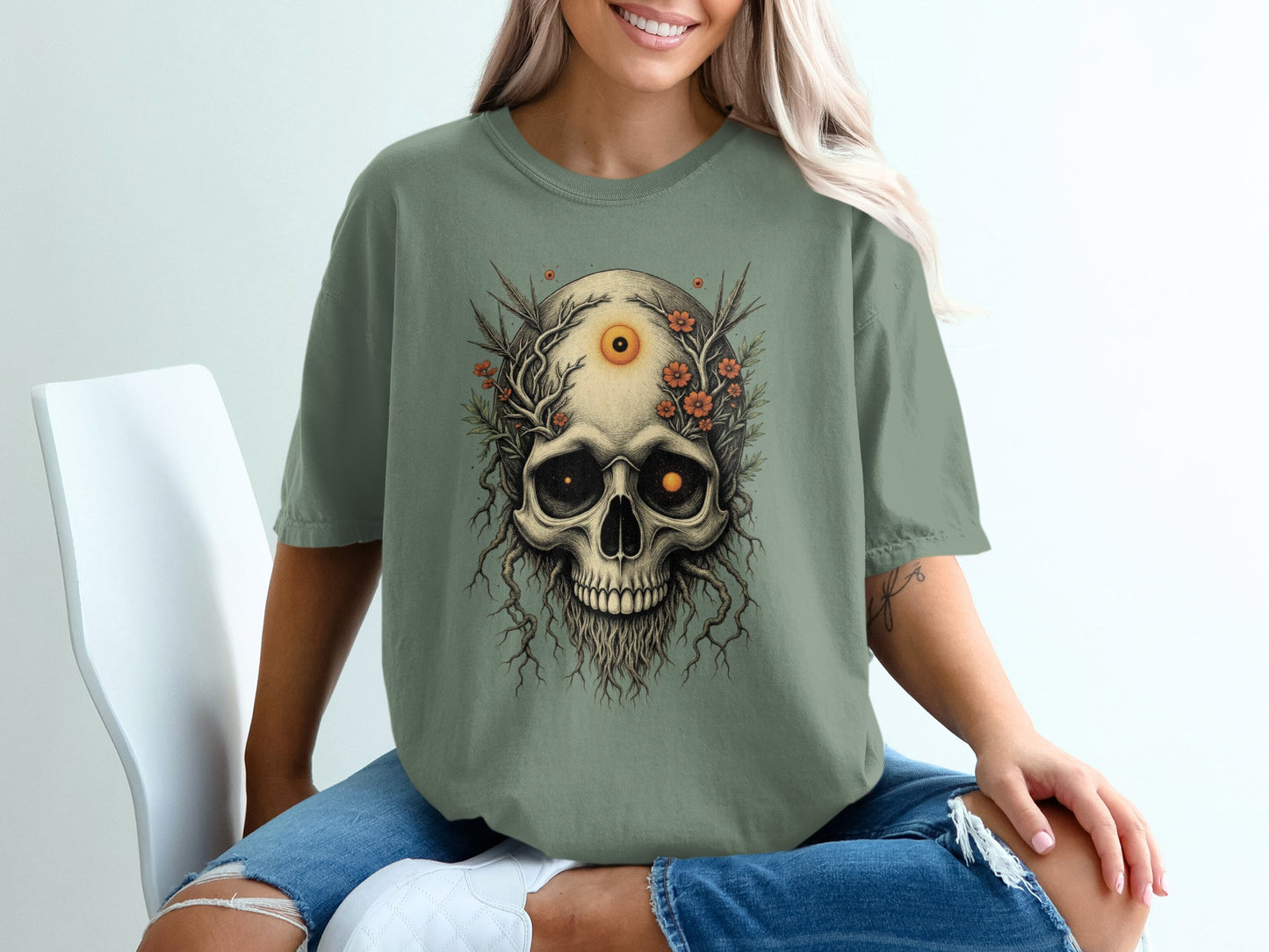 Skull with Flowers and Moon Printed Shirt product