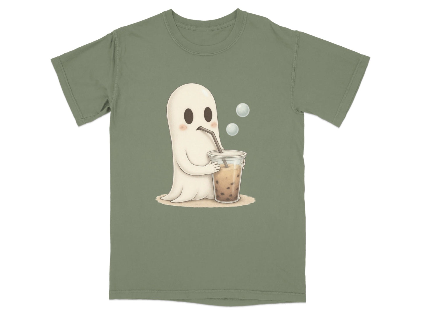 Adorable Ghost Drinking Boba Tea Graphic Novelty T-Shirt - IconVexa
