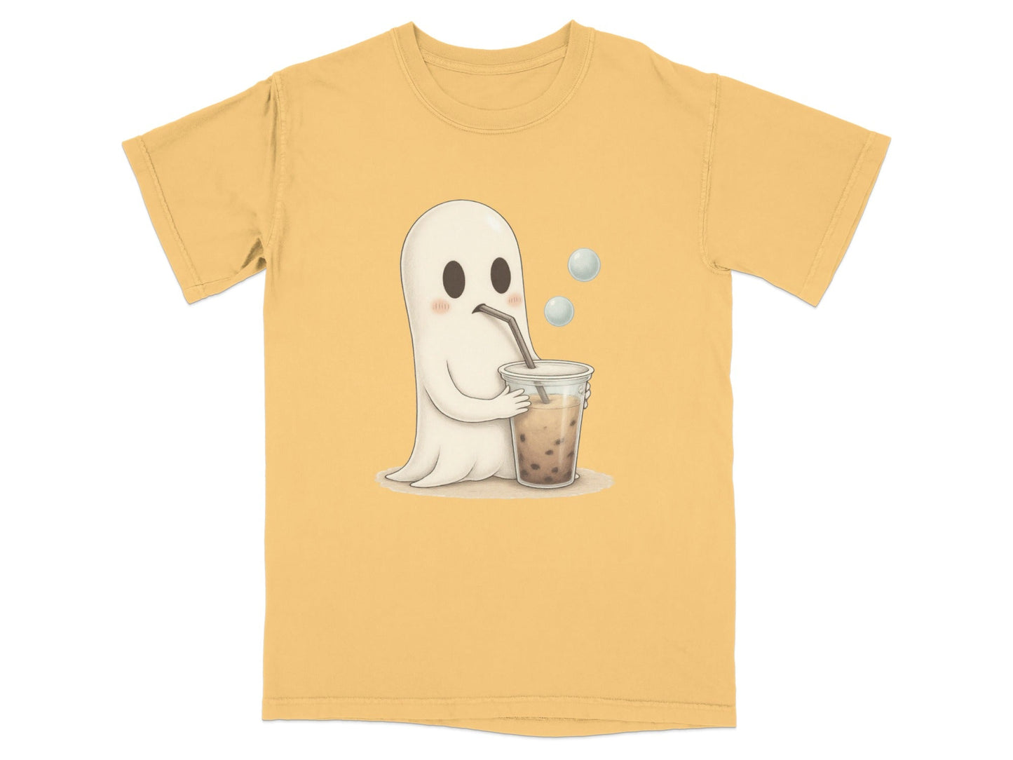 Adorable Ghost Drinking Boba Tea Graphic Novelty T-Shirt - IconVexa