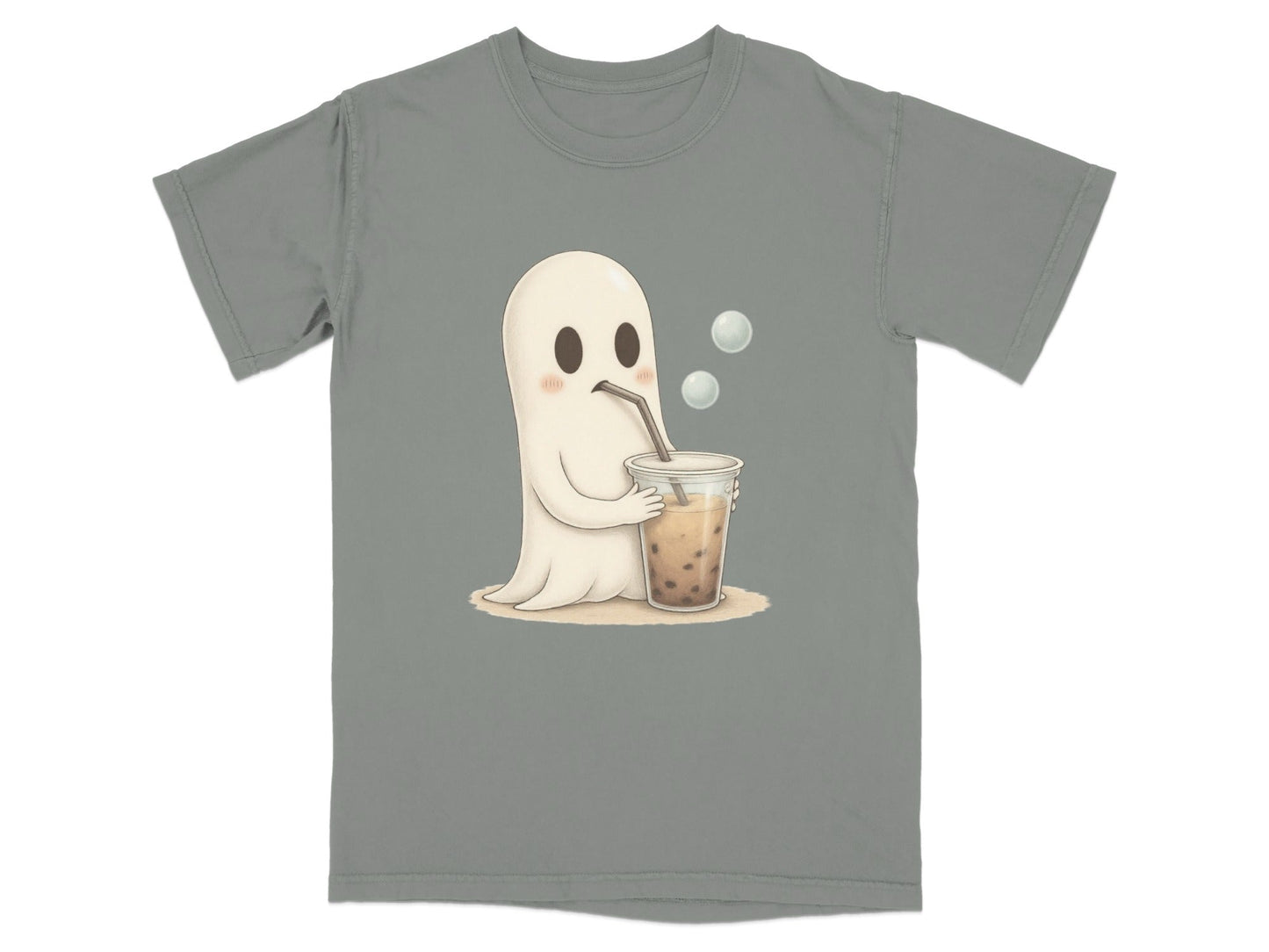 Adorable Ghost Drinking Boba Tea Graphic Novelty T-Shirt - IconVexa