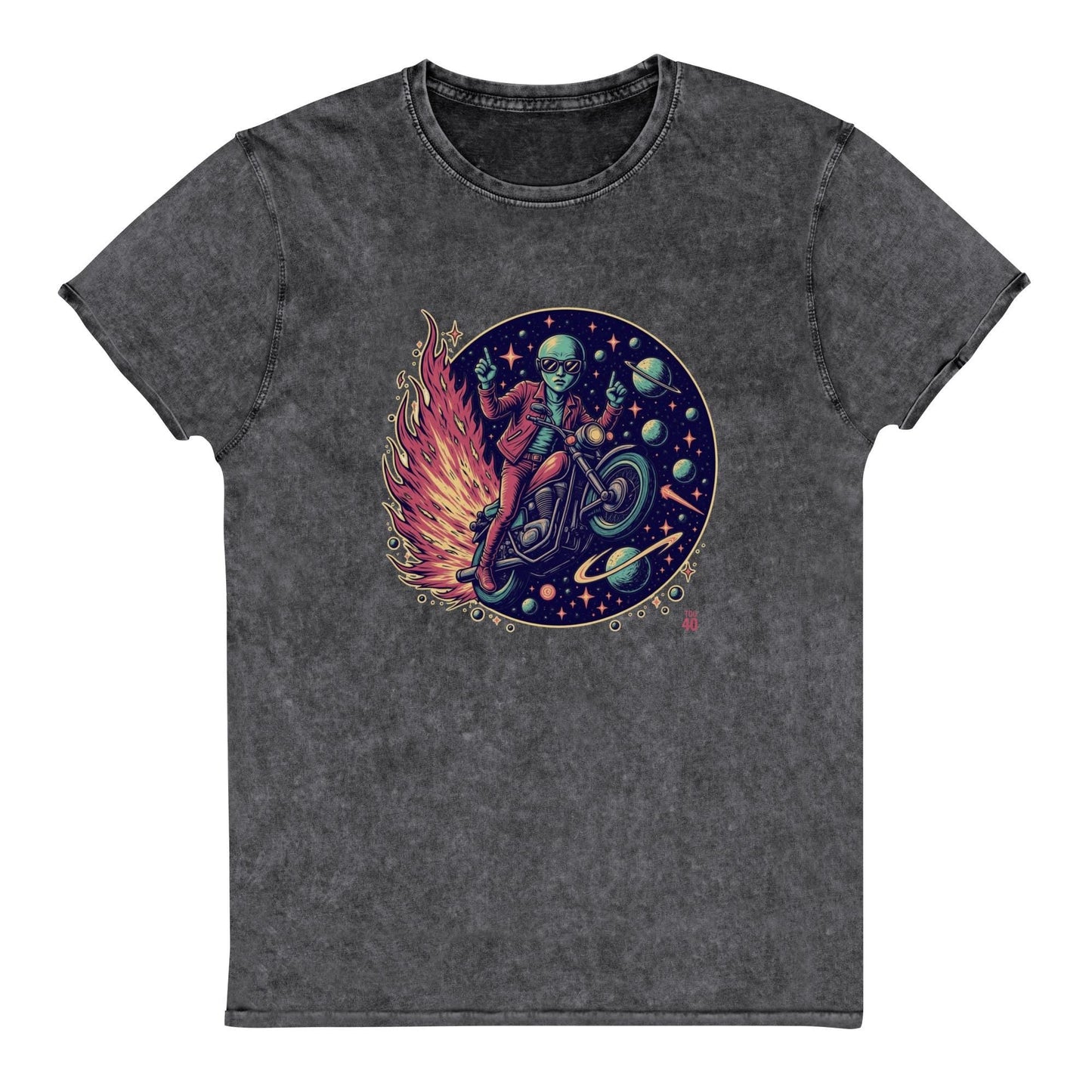 Alien Motorcycle T-Shirt | Retro Sci - Fi Graphic Tee | Outer Space Biker Shirt for Geeks - IconVexa