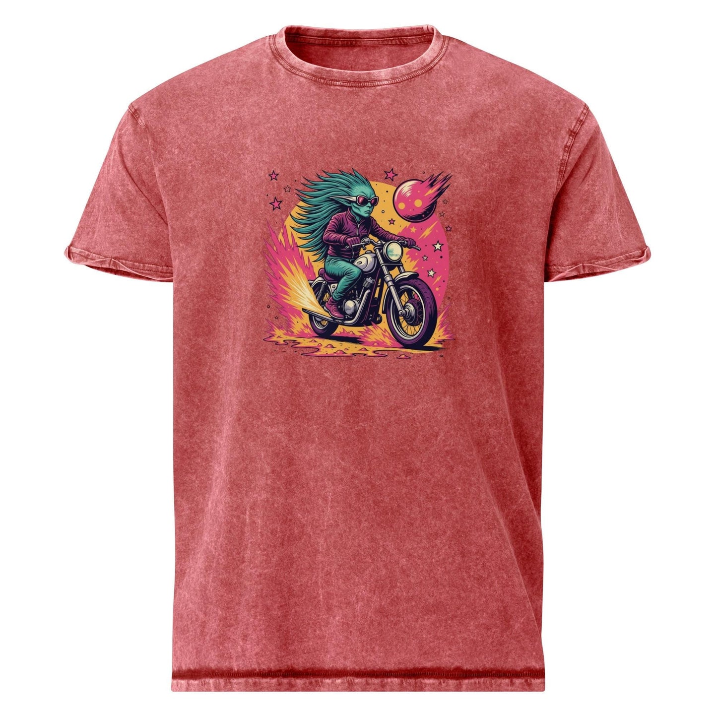 Alien Tee With Biker Space Energy | Retro Cosmic Fireball Ride Shirt | Cool Graphic Tee - IconVexa