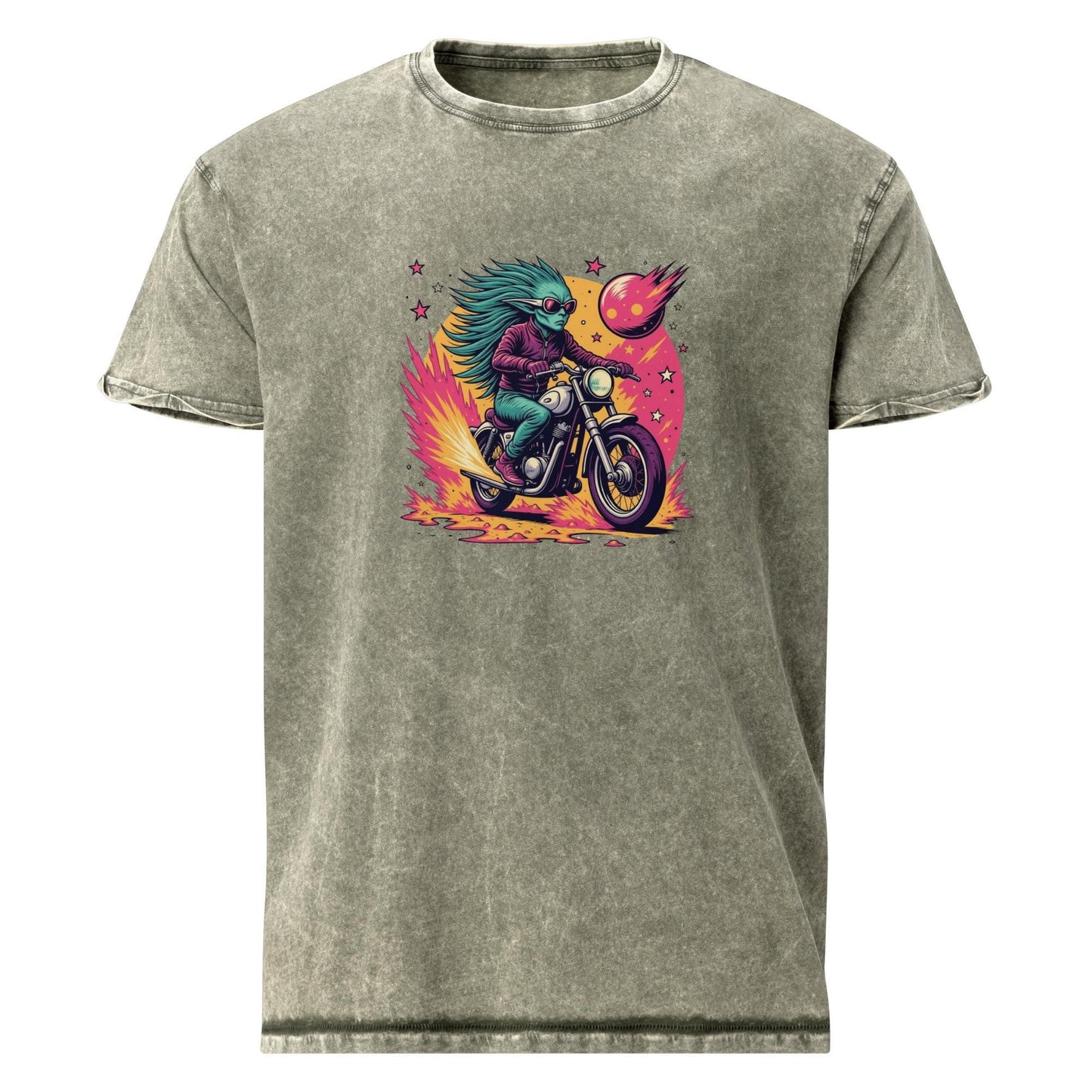Alien Tee With Biker Space Energy | Retro Cosmic Fireball Ride Shirt | Cool Graphic Tee - IconVexa