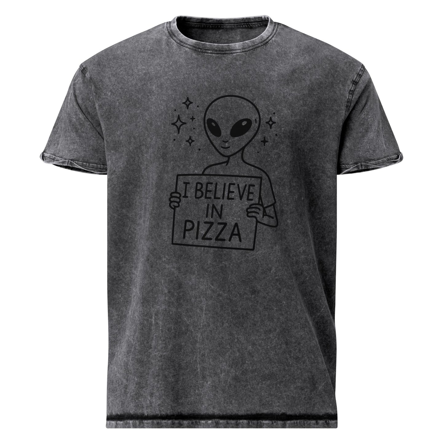 Alien With Pizza Faith Statement | Minimal UFO Humor Graphic | Funny Foodie Space Tee - IconVexa