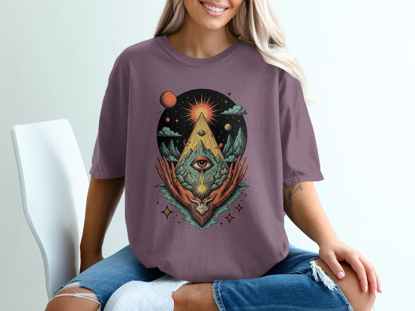 All Seeing Eye Triangle Hands Graphic Universe Art T-Shirt - IconVexa
