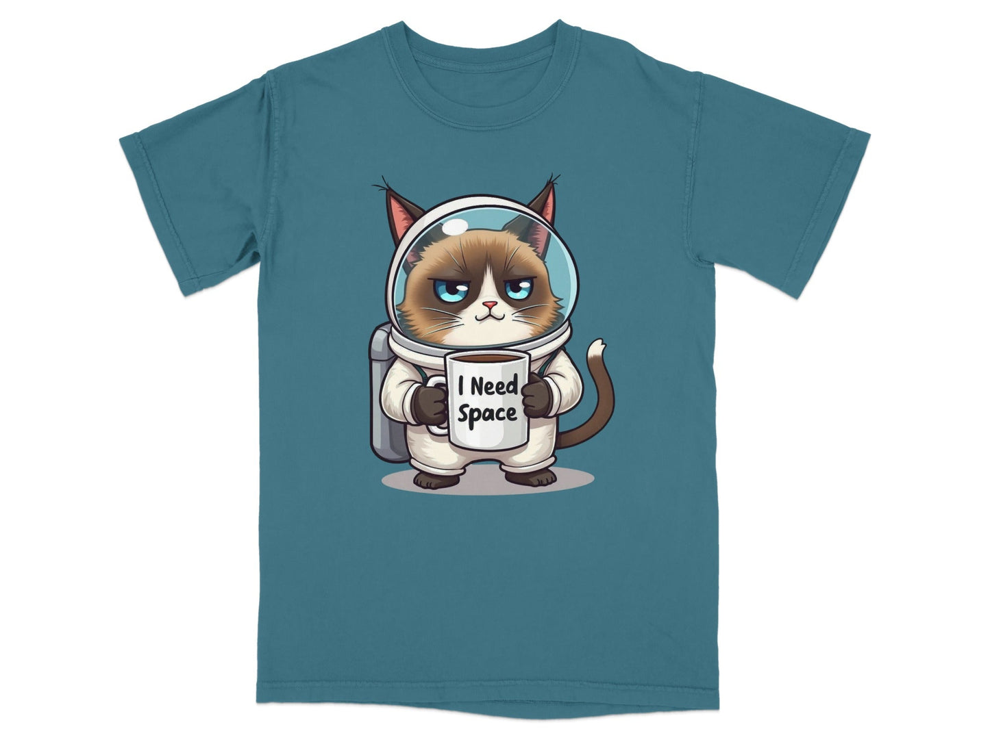 Funny astronaut cat t-shirt holding mug that says 'I Need Space', perfect for cat lovers and space enthusiasts.