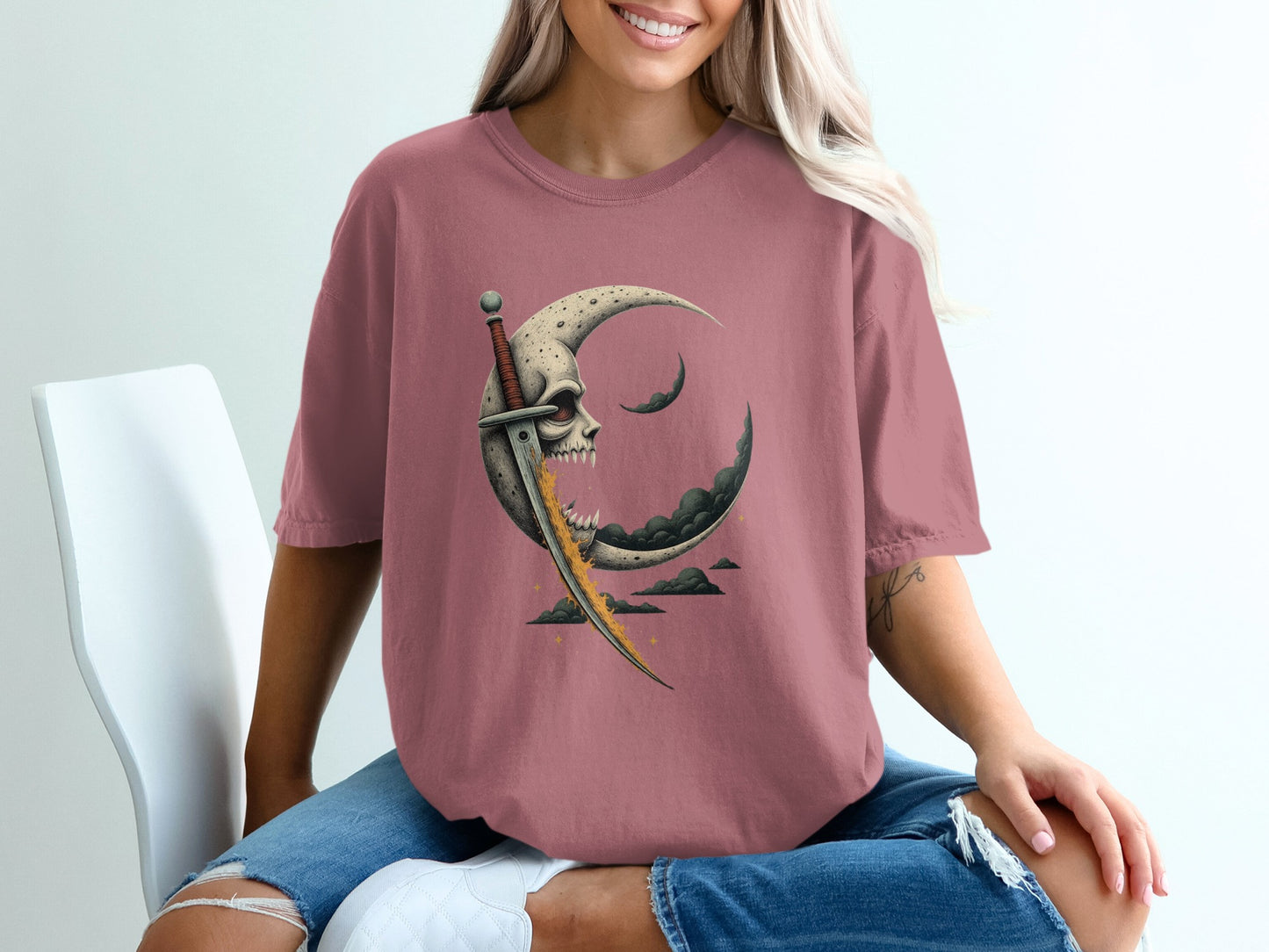 Skull and Crescent Moon Graphic T-Shirt product type