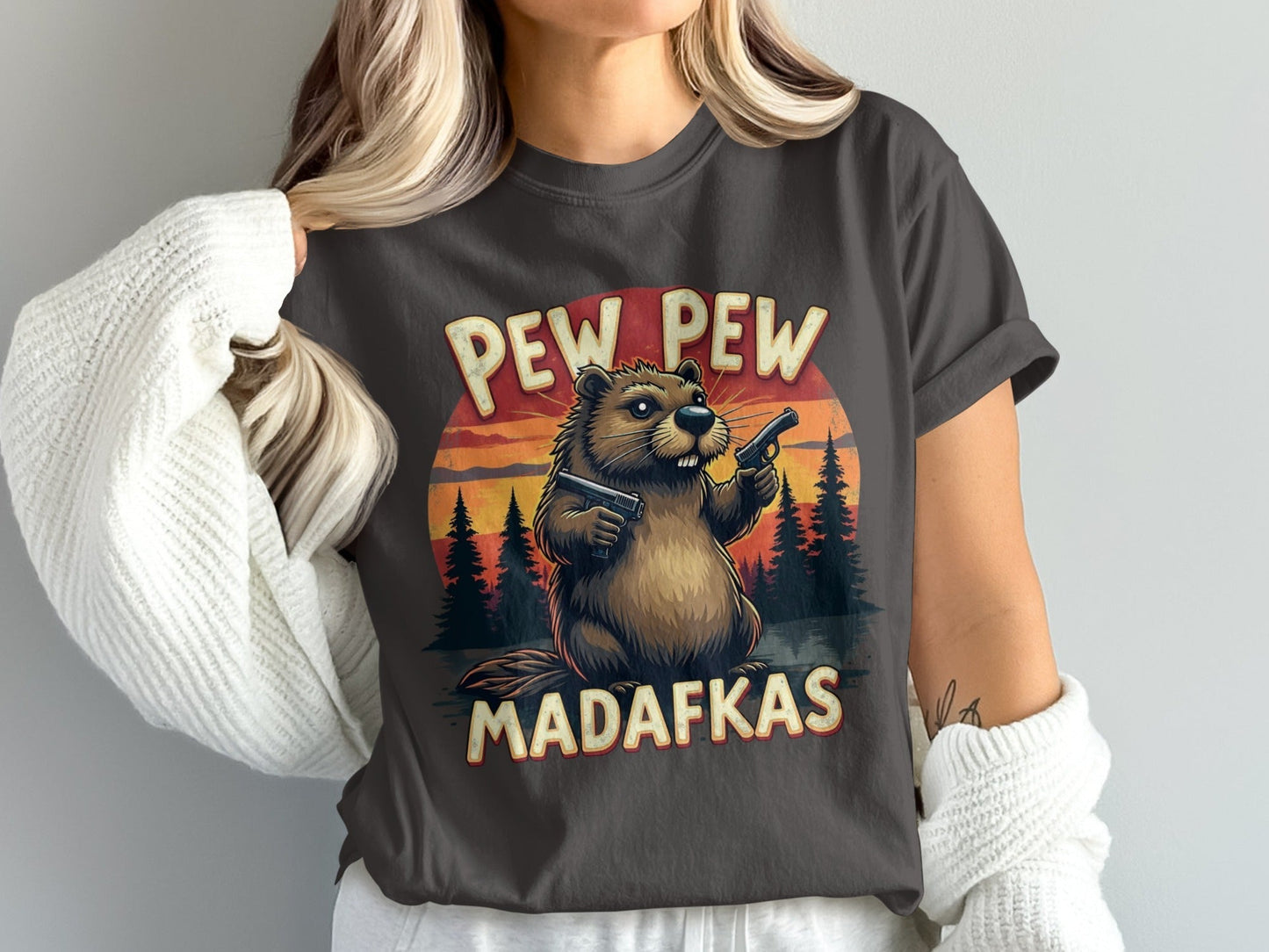 Beaver T-Shirt, Pew Pew Madafkas Tee, Funny Animal Shirt, Meme Gift Shirt, Novelty T Shirt, Gun Shirt, Humor T-Shirt - IconVexa