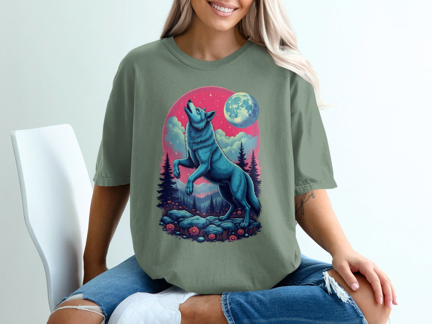 Blue Wolf Howling Under Moon Nature Forest Scene T-Shirt - IconVexa