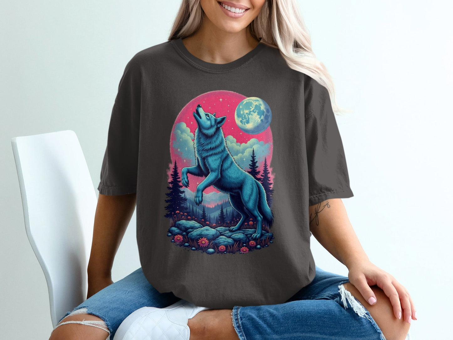 Blue Wolf Howling Under Moon Nature Forest Scene T-Shirt - IconVexa