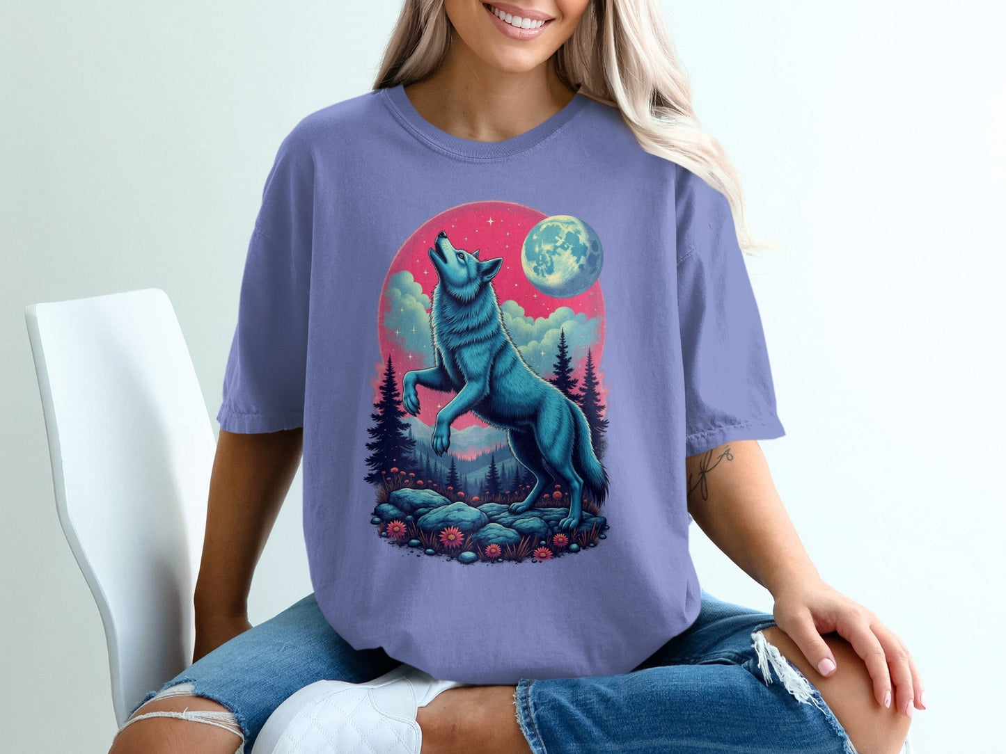 Blue Wolf Howling Under Moon Nature Forest Scene T-Shirt - IconVexa