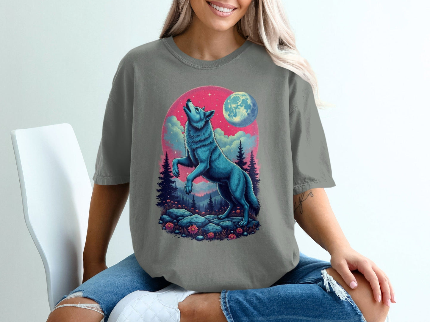 Blue Wolf Howling Under Moon Nature Forest Scene T-Shirt - IconVexa