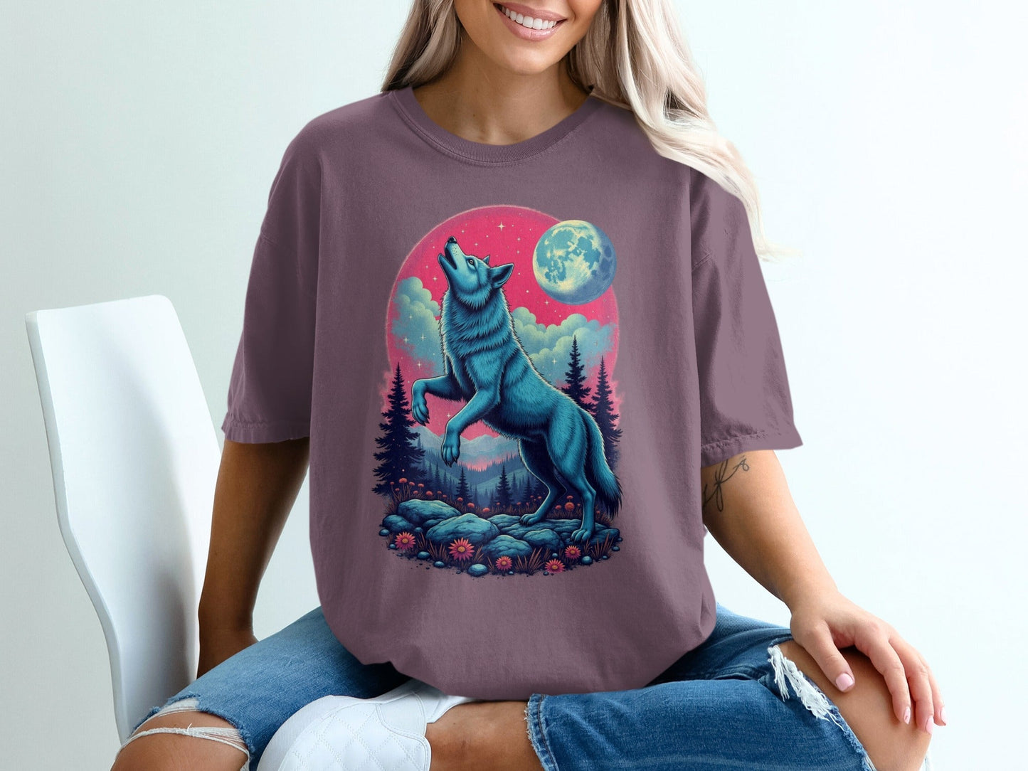 Blue Wolf Howling Under Moon Nature Forest Scene T-Shirt - IconVexa