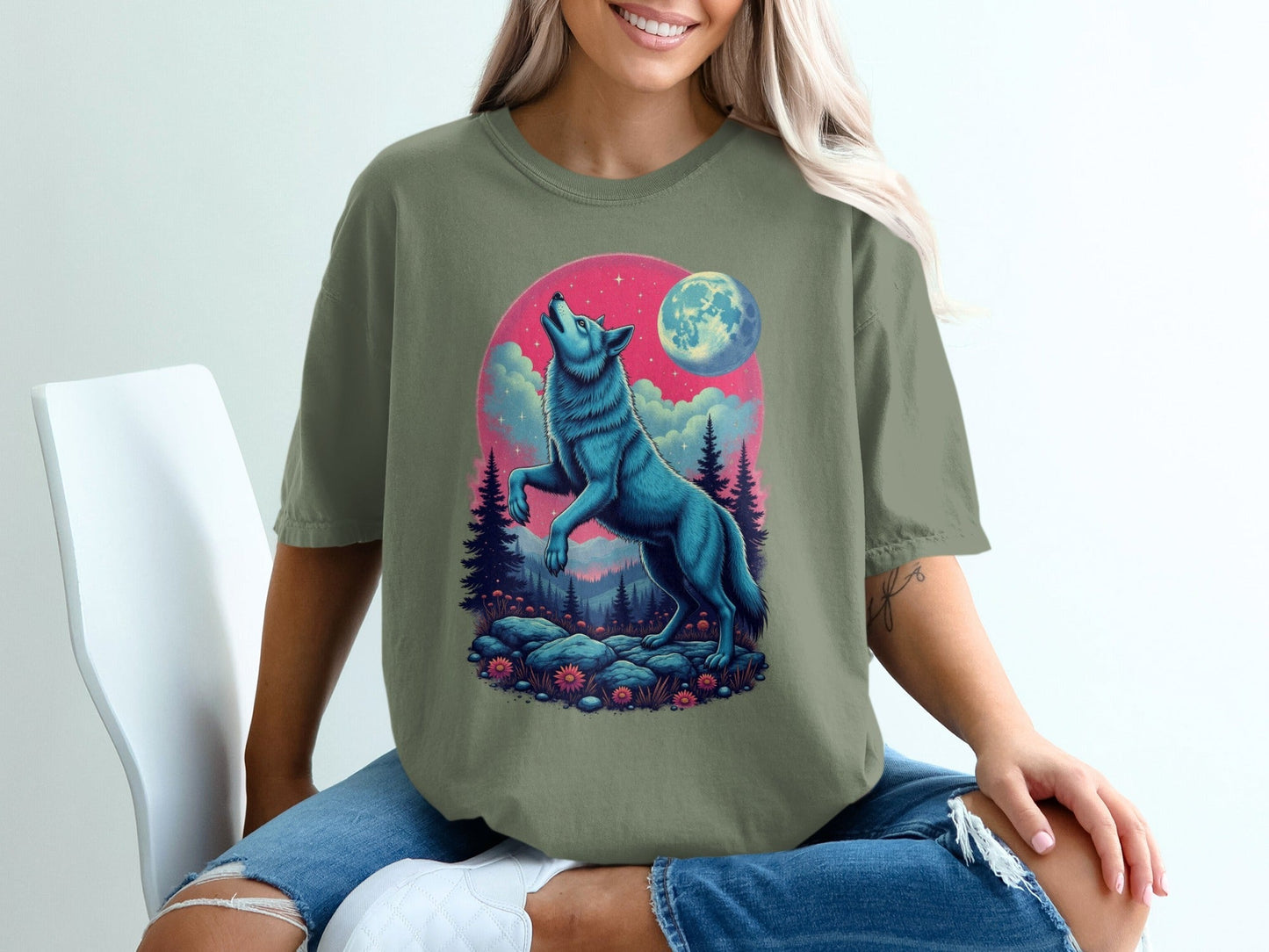 Blue Wolf Howling Under Moon Nature Forest Scene T-Shirt - IconVexa