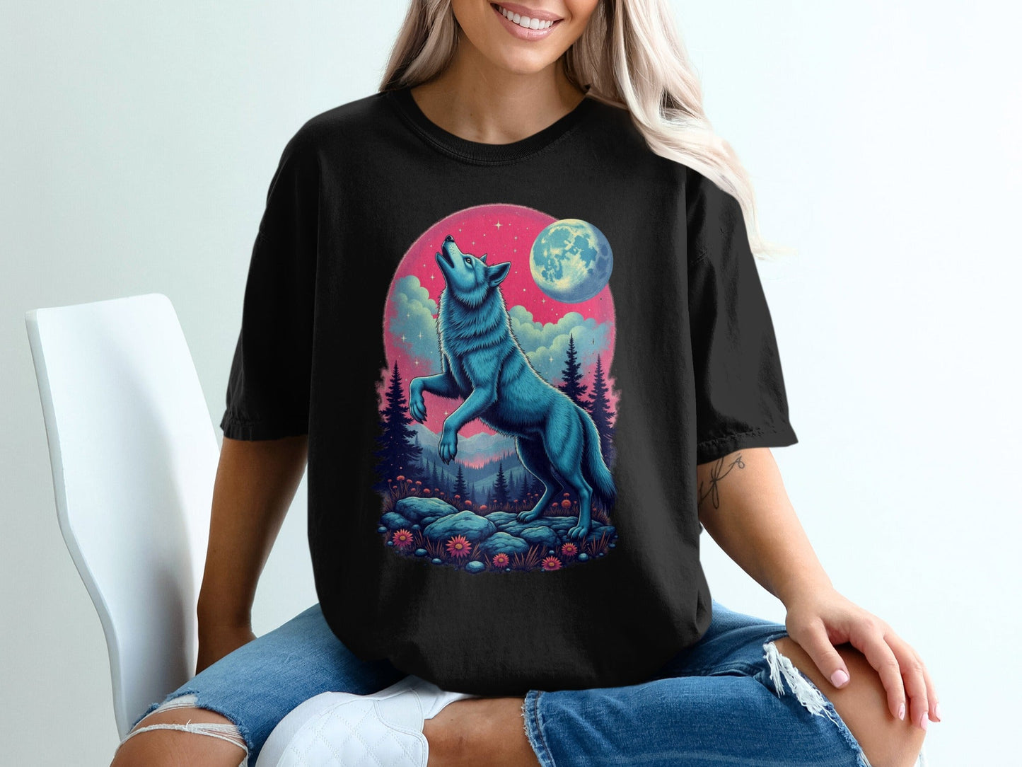 Blue Wolf Howling Under Moon Nature Forest Scene T-Shirt - IconVexa