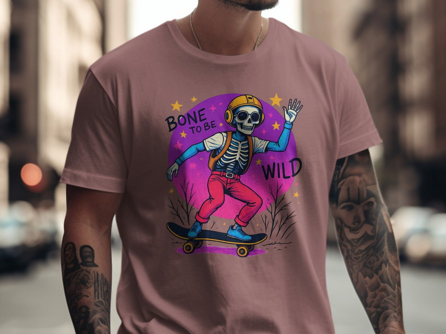 Bone To Be Wild Skeleton Skateboarder Graphic Print T-Shirt - IconVexa