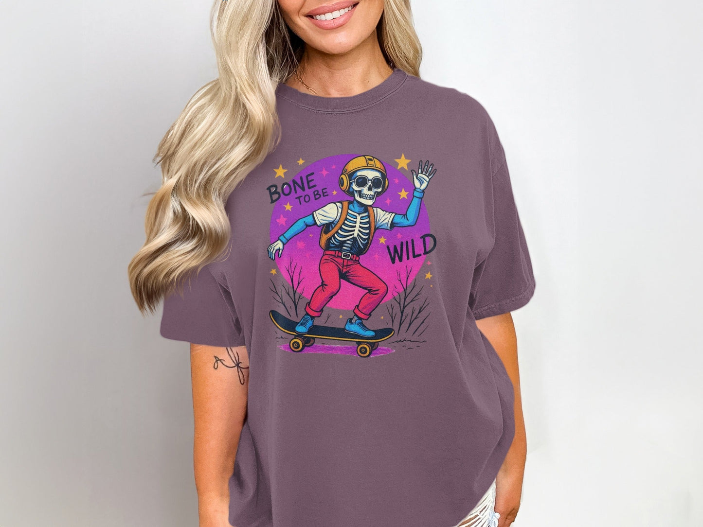Bone To Be Wild Skeleton Skateboarder Graphic Print T-Shirt - IconVexa