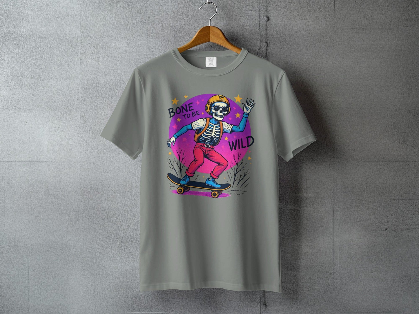 Bone To Be Wild Skeleton Skateboarder Graphic Print T-Shirt - IconVexa