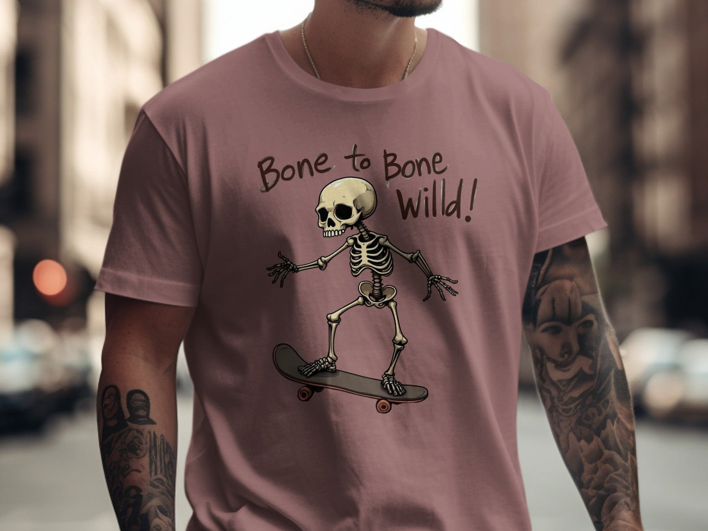 Bone to Bone Wild Skeleton Skateboard Design T-Shirt - IconVexa