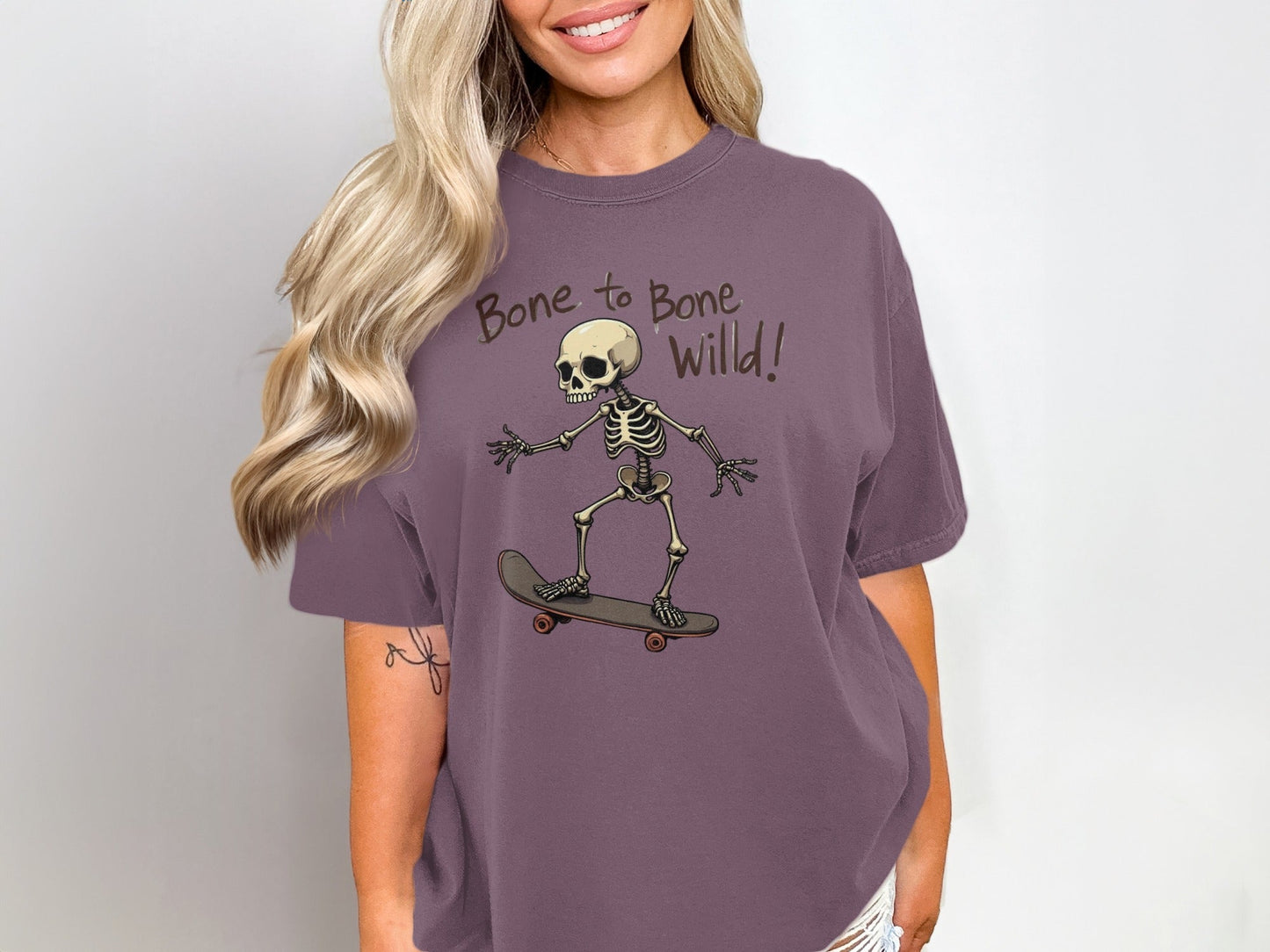 Bone to Bone Wild Skeleton Skateboard Design T-Shirt - IconVexa