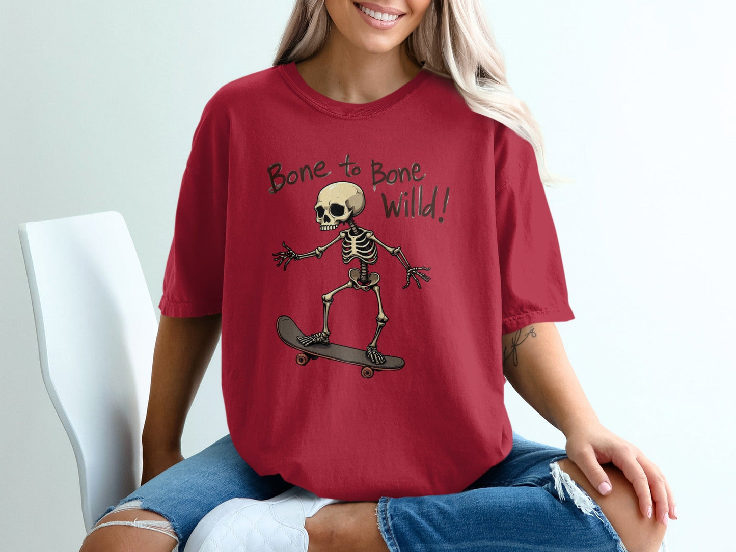 Bone to Bone Wild Skeleton Skateboard Design T-Shirt - IconVexa