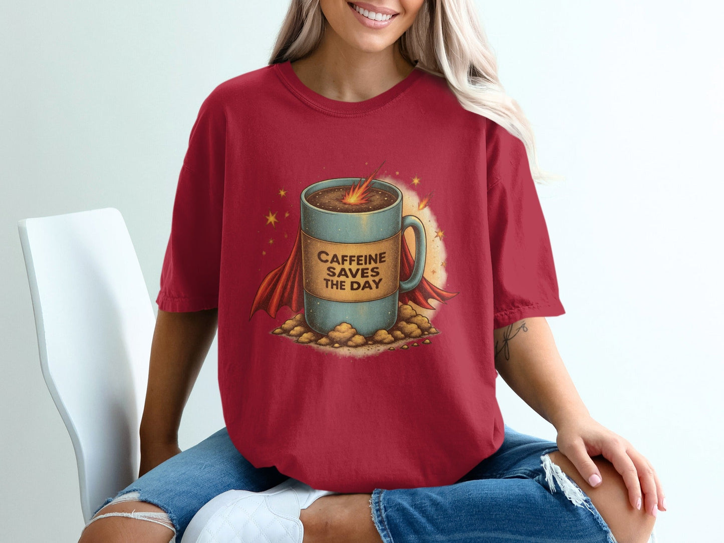 Caffeine Saves The Day Funny Coffee Super Hero T-Shirt - IconVexa