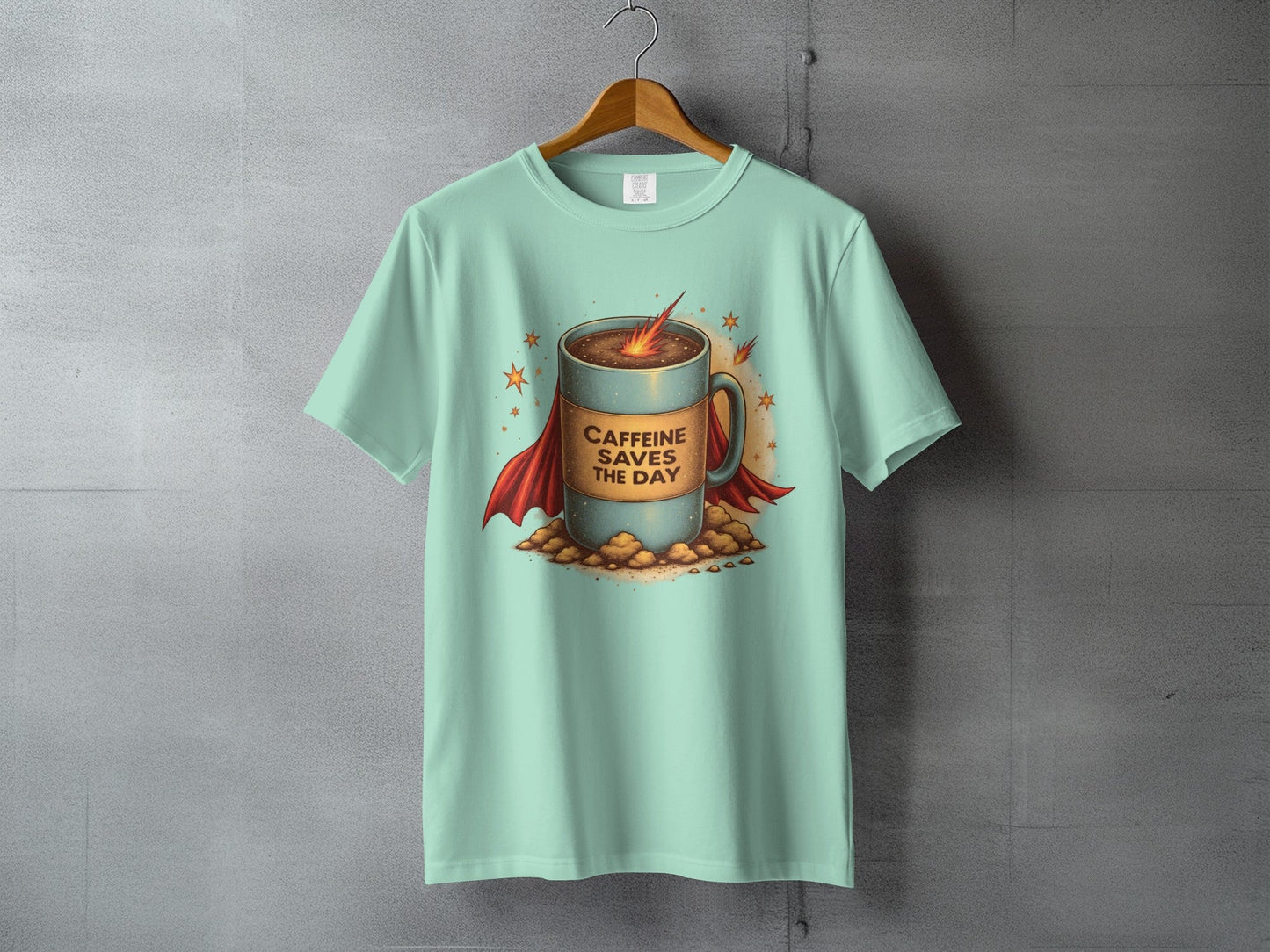 Caffeine Saves The Day Funny Coffee Super Hero T-Shirt - IconVexa